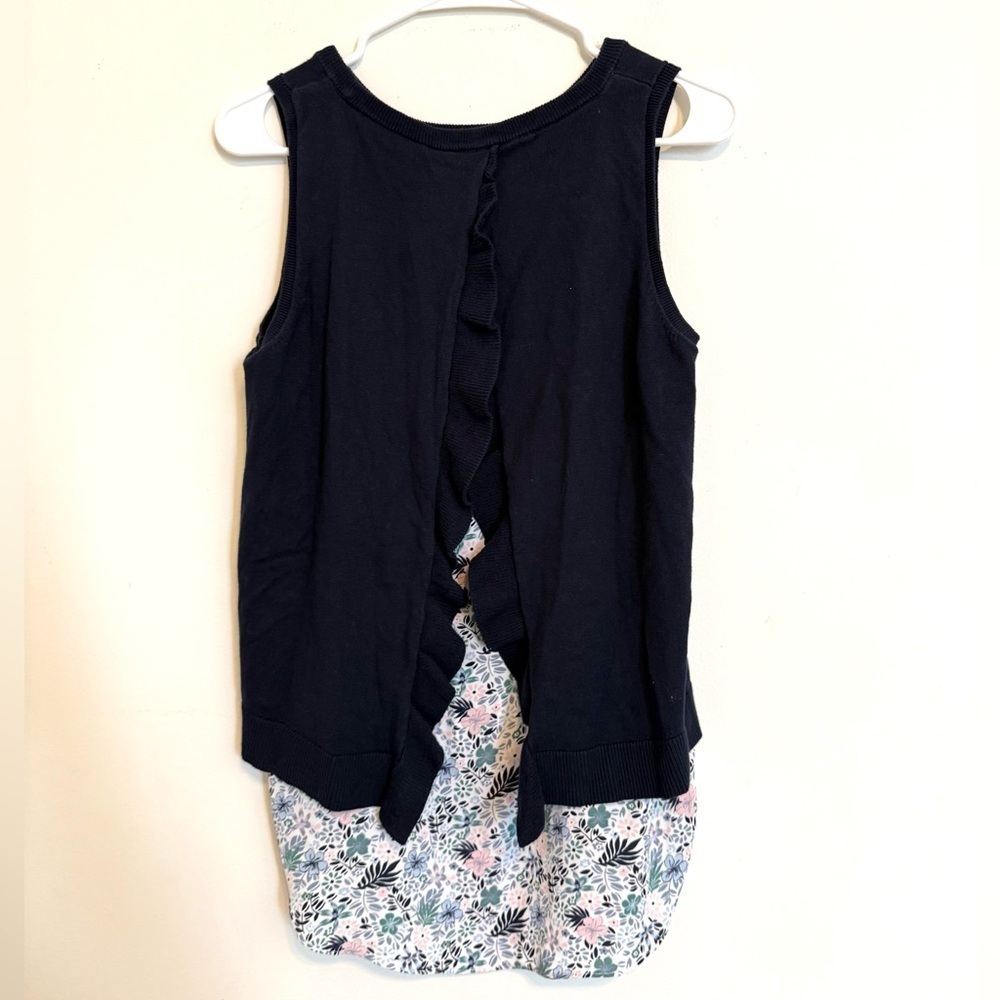 2/$30 LOFT - Navy Knit Sleeveless Top with Floral Hem - Picture 7 of 7